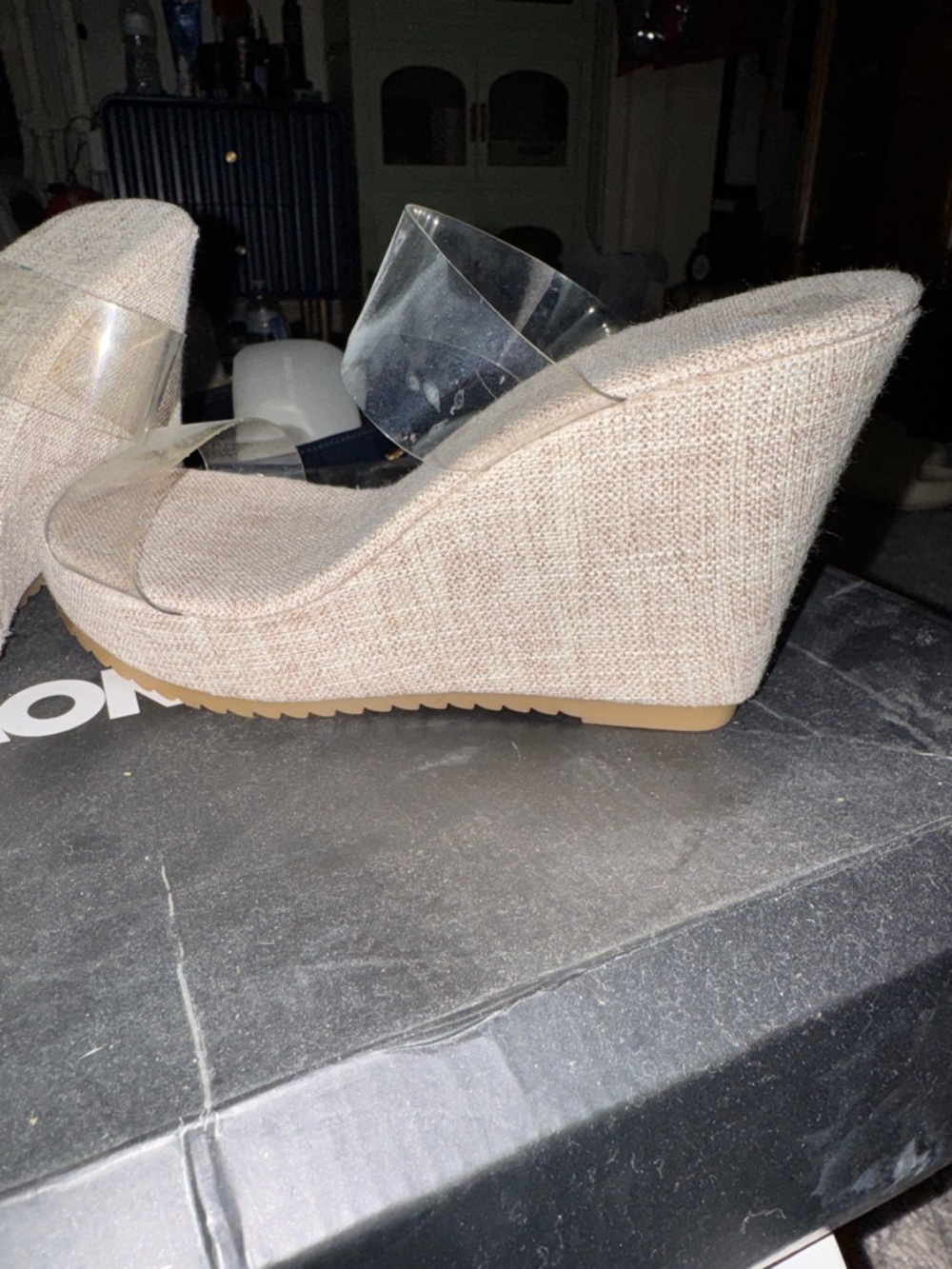 Clear Strap Beige Wedge Slide Sandals - Picture 2 of 4